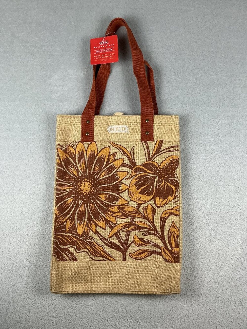 H-E-B Wildflower Jute Reusable Shopping Bag Burlap Tote NWT